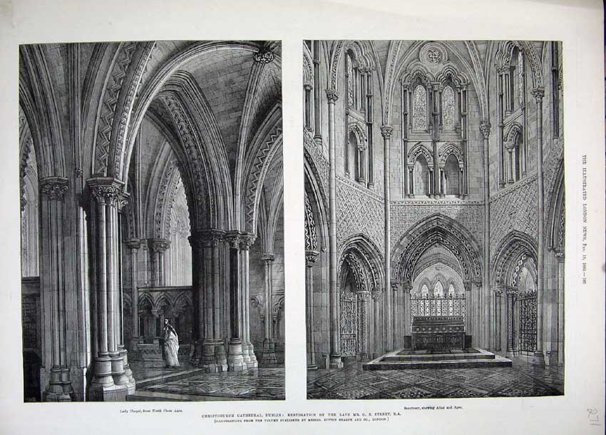Old Antique Print Christchurch Cathedral Dublin 1883 Ireland Lady Chapel 19th