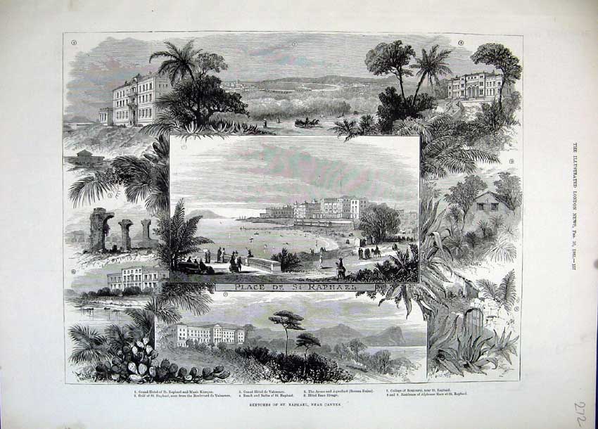 Old Antique Print 1883 St Raphael Cannes France Hotel Mosque Roman Ruins 19th