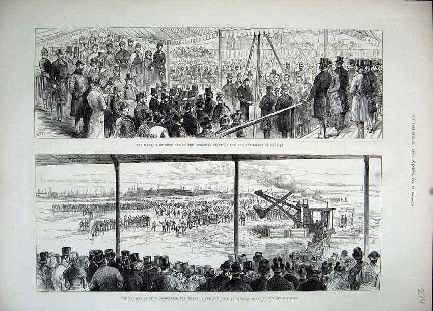 Original Old Antique Print 1883 Marquis Bute New Dock Cardiff Steam Digger 19th