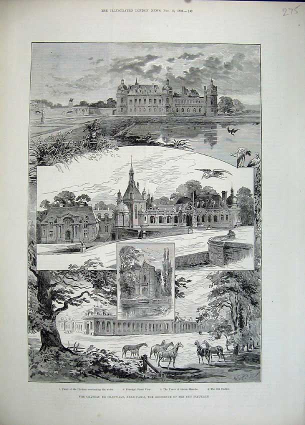 Old Antique Print 1883 Chateau Chantilly Paris Duc D'Aumale Tower Blanche 19th