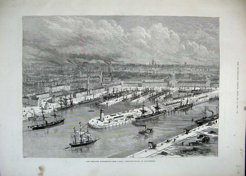 Original Old Antique Print 1883 Intended Docks Manchester Ship Canal Lighthouse