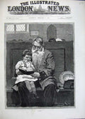 Original Old Antique Print 1883 Fine Art Man Reading Little Boy Church 19th