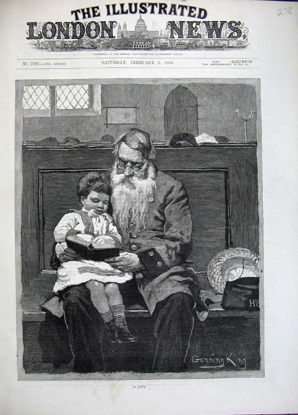 Original Old Antique Print 1883 Fine Art Man Reading Little Boy Church 19th