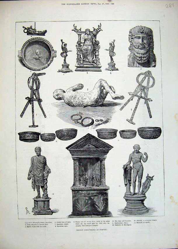 Original Old Antique Print 1883 Pompeii Bronze Statuettes Speculum Apollo Woman