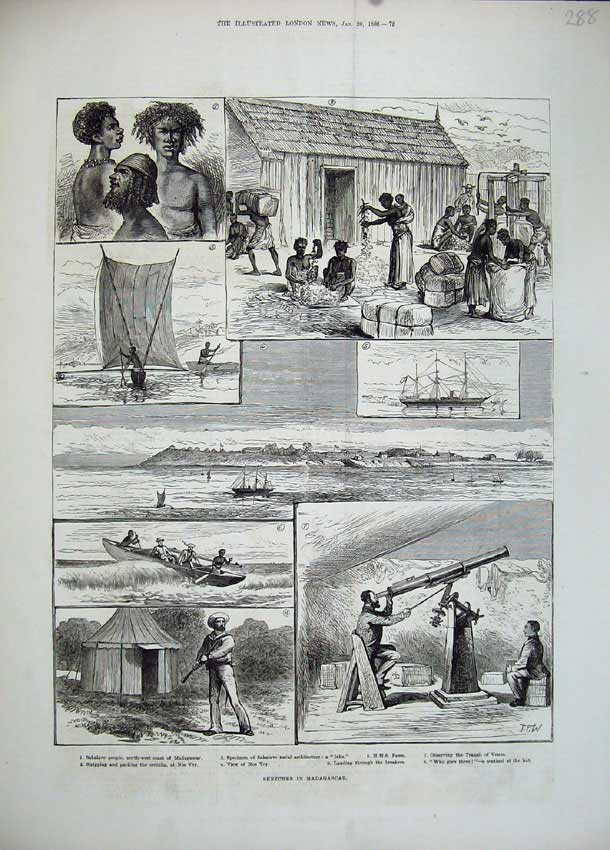Original Old Antique Print 1883 Madagascar Ship Fawn Telescope Sakalave Nos Vey