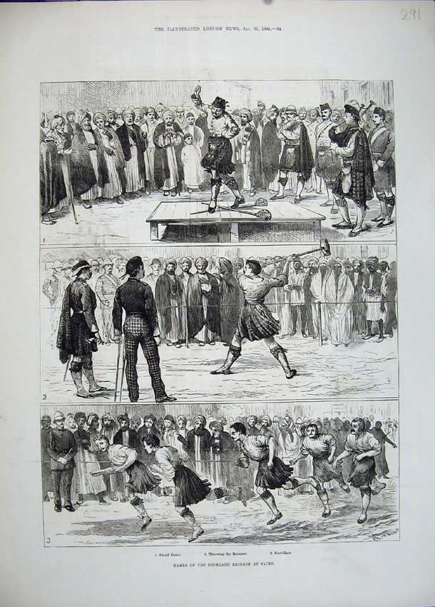 Old Antique Print 1883 Sport Highland Games Brigade Cairo Sword Dance Men 19th