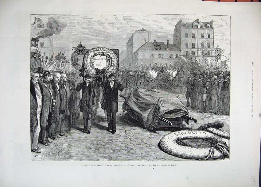 Original Old Antique Print 1883 Funeral Gambetta Coffin Pere La Chaise Cemetery