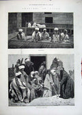 Original Old Antique Print Cairo Egypt 1883 Mat Makers Men Dance Stick Montbard