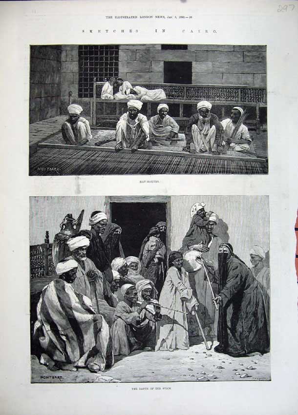Original Old Antique Print Cairo Egypt 1883 Mat Makers Men Dance Stick Montbard