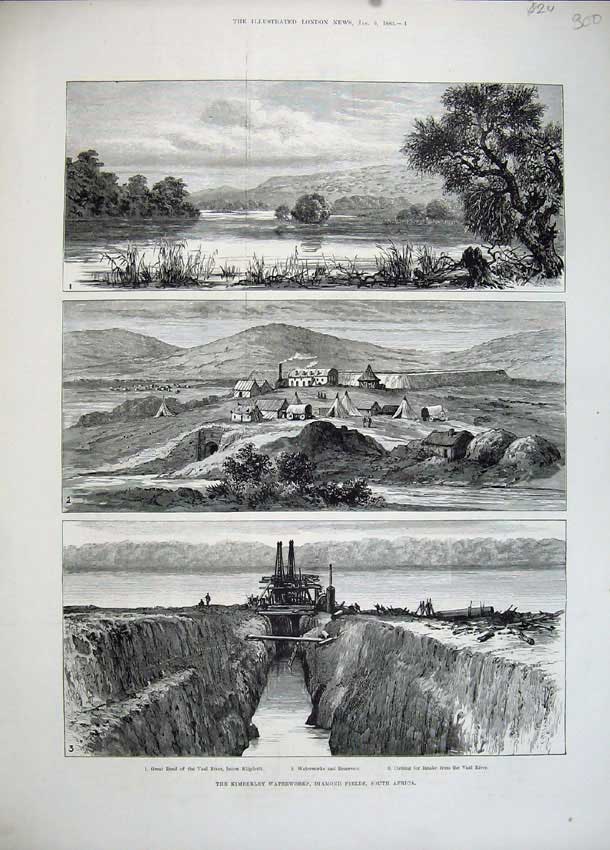 Original Old Antique Print 1883 Kimberley Waterworks Diamond Fields Africa Vaal