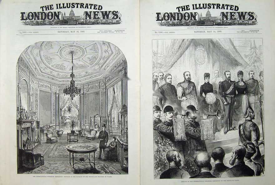 Antique Old Print 1883Fisheries Exhibition Boudoir Pavillion Prince Wales 19th