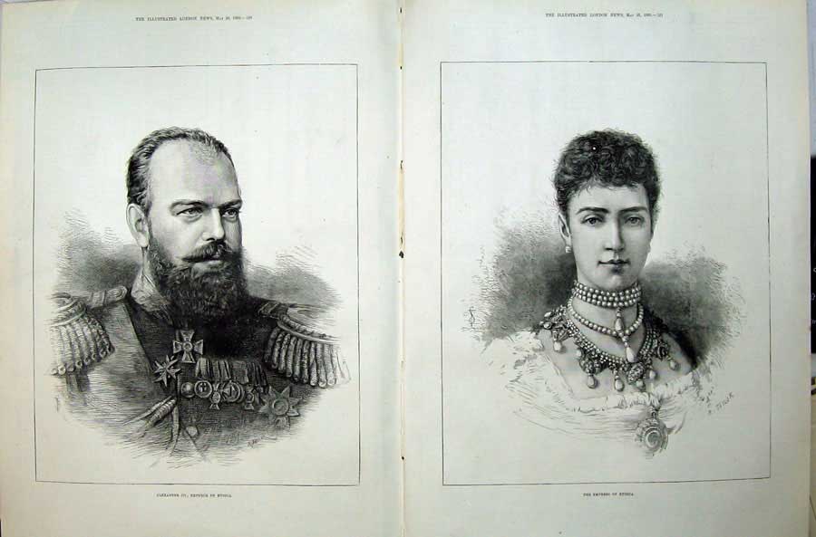 Original Old Antique Print 1883 Portrait Alexander Emperor Russia Empress 19th