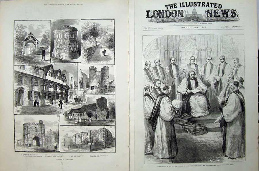 Old Antique Print 1883 Archbishop Canterbury Cathedral Marble Chair Gate 19th