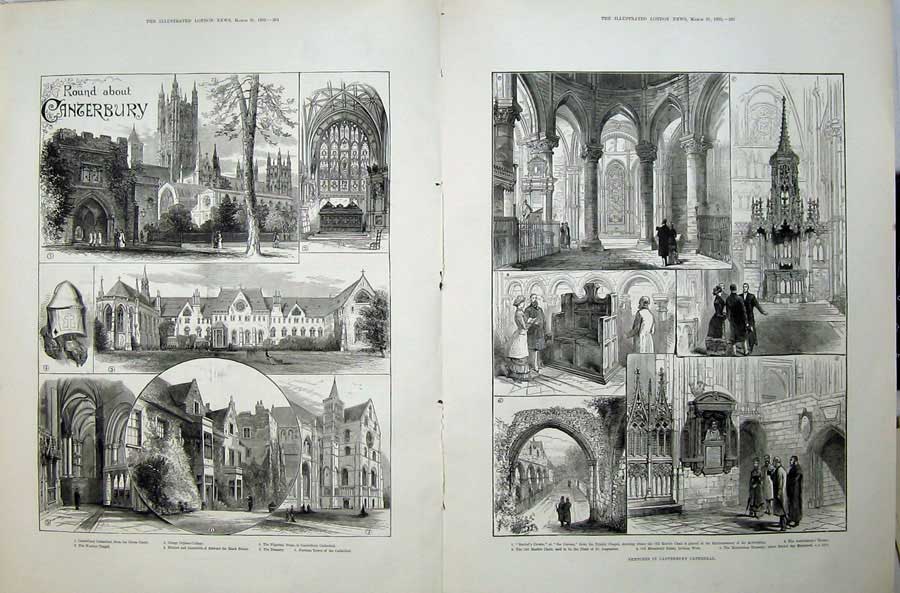 Old Antique Print Canterbury Cathedral 1883 College Beckets Crown Throne 19th