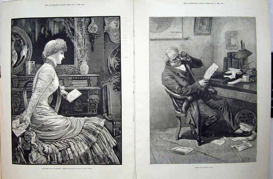 Original Old Antique Print 1883 Fine Art Man Beautiful Woman Valentine 19th
