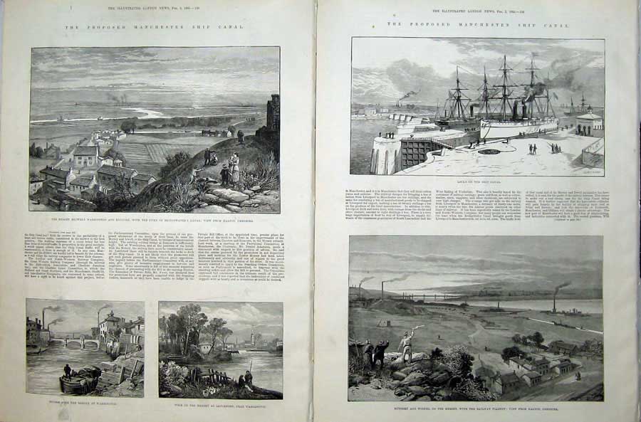 Antique Old Print Manchester Ship Canal1883 Mersey Bridge Railway Viaduct 19th