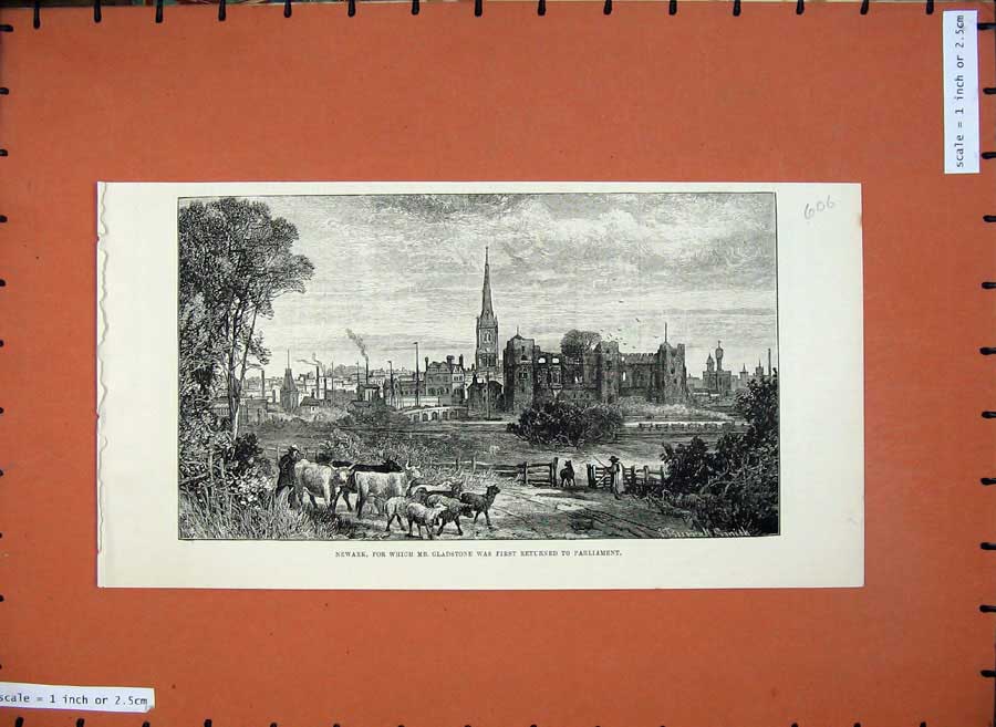 Old Antique Print Fine Art 1883 Newark Gladstone Cattle Church Buildings 19th