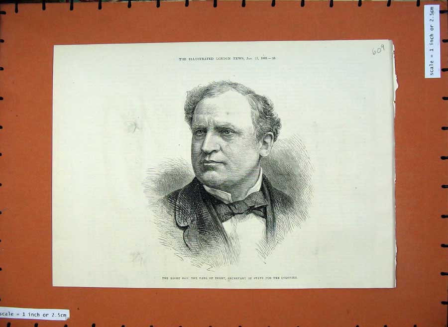 Original Old Antique Print 1883 Portrait Earl Derby Secretary State Colonies