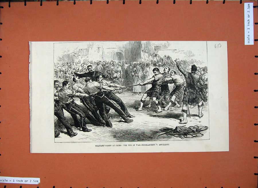 Original Old Antique Print 1883 Military Sport Cairo Egypt Tug War Highlanders