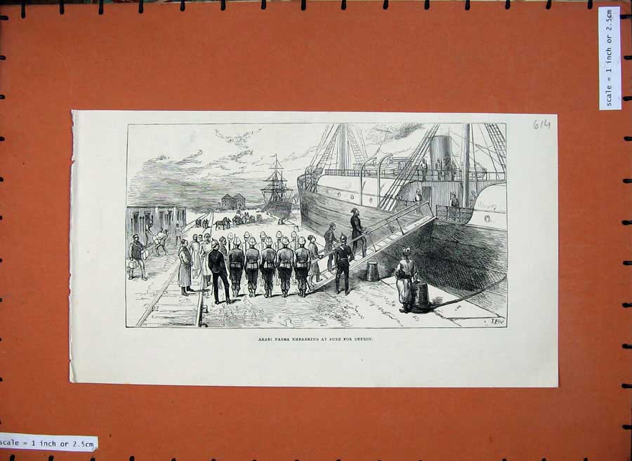 Original Old Antique Print 1883 Arabi Pasha Ship Embarking Suez Ceylon War Sier