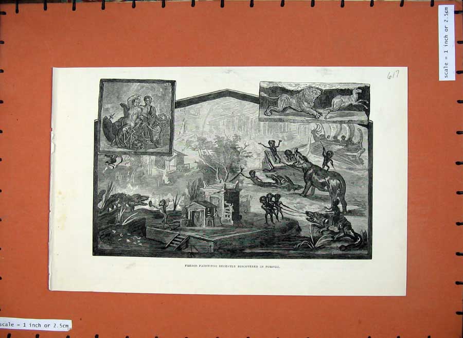 Old Antique Print 1883 Fresco Painting Discovered Pompeii Animals People 19th