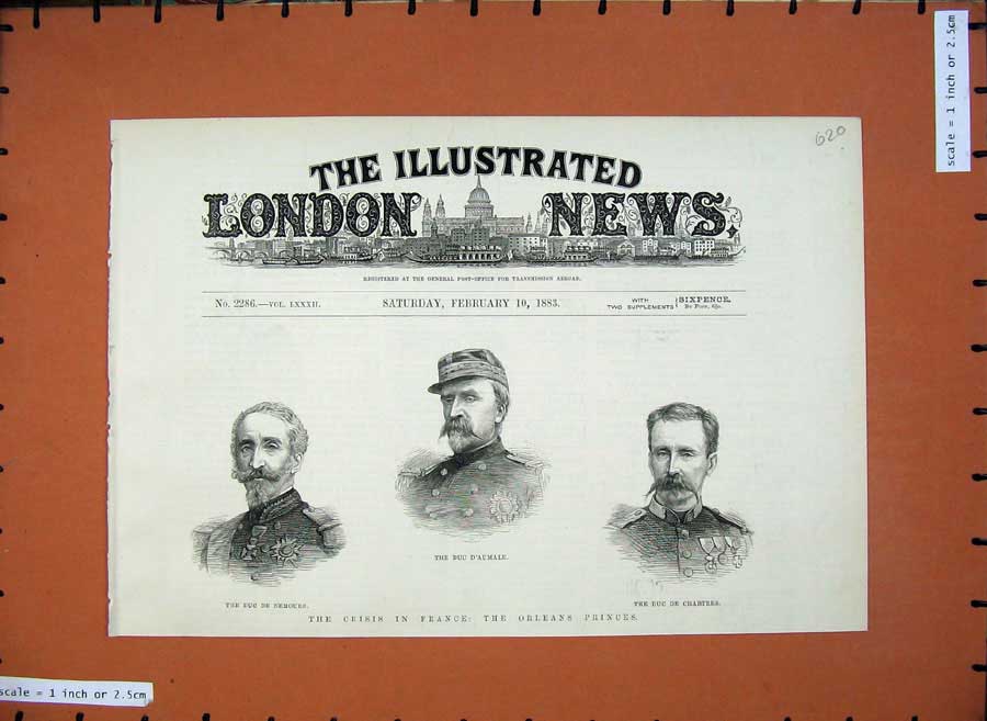 Old Antique Print 1883 France Orleans Princes Nemours D'Aumale Chartres 19th