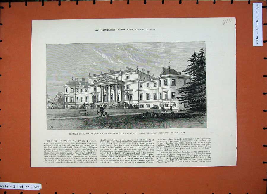 Old Antique Print 1883 Wrotham Park House Barnet Earl Strafford Fine Art 19th