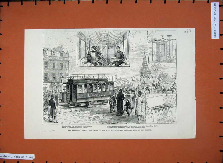 Old Antique Print 1883 Electric Tramway Metropolitan Tramway Kew Bridge 19th