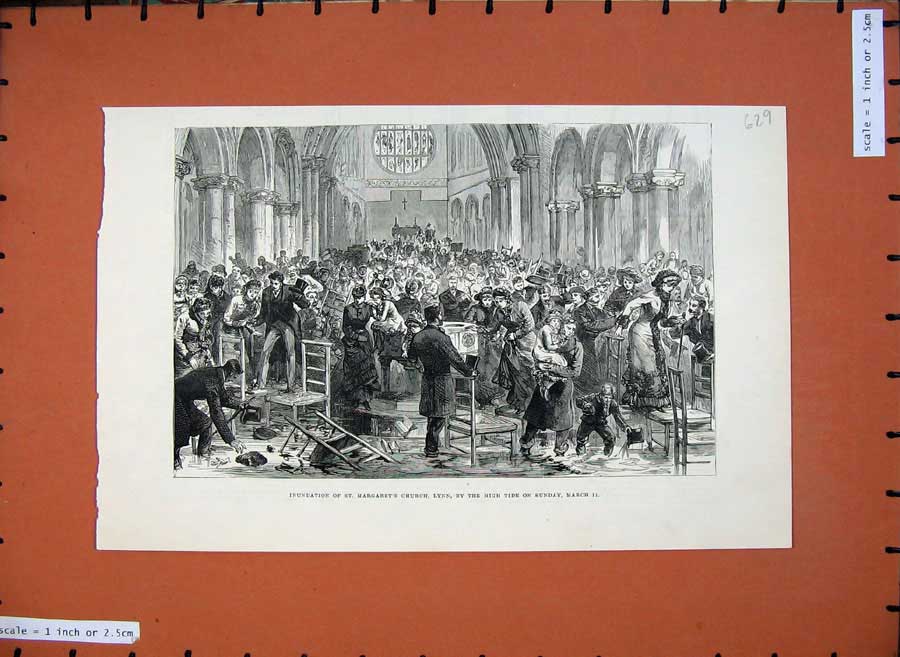 Old Antique Print 1883 Inundation St Margarets Church Lynn Floods People 19th