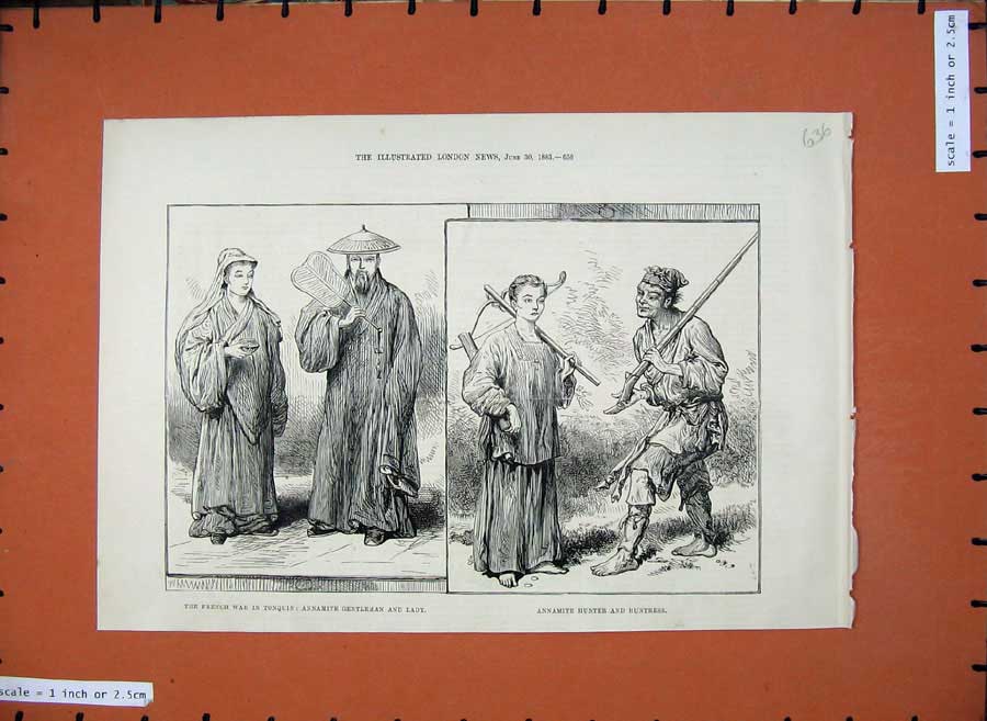 Original Old Antique Print 1883 French War Tonquin Annamite Lady Man Hunter