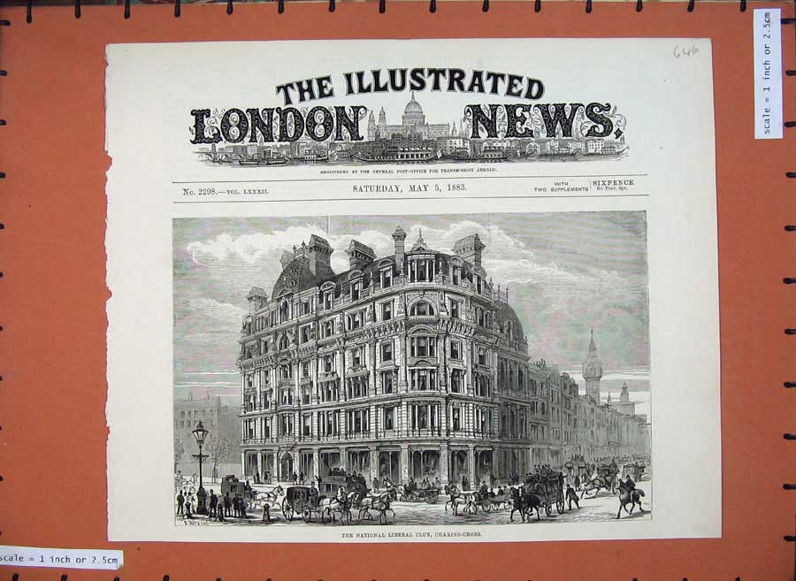 Old Antique Print 1883 National Liberal Club Charing Cross Buildings Art 19th