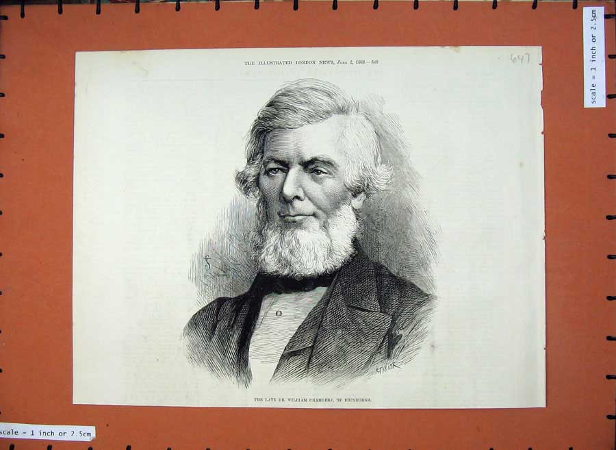 Original Old Antique Print 1883 Portrait Dr William Chambers Edinburgh Man 19th