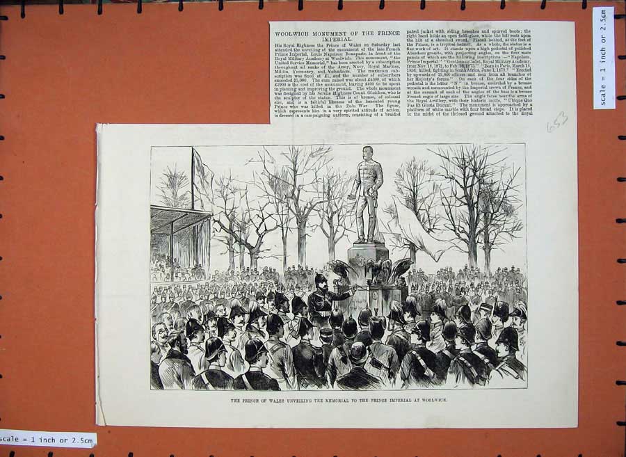 Old Antique Print 1883 Prince Wales Memorial Statue Imperial Woolwich Art 19th