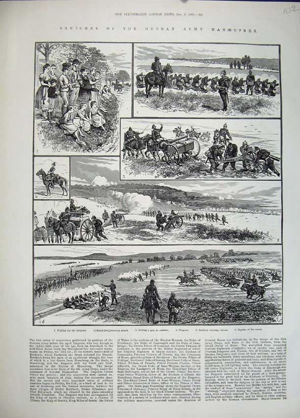 Original Old Antique Print 1883 German Army Manoeuvres Attack War Dragoon Army