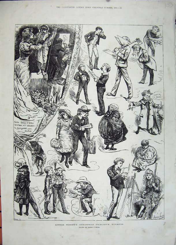 Old Antique Print 1883 Little Tommys Christmas Tableaux Vivants Children 19th