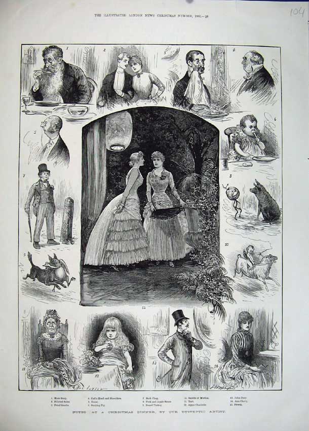 Old Antique Print 1883 Christmas Women Dinner John Dory Turkey Pig Goose 19th