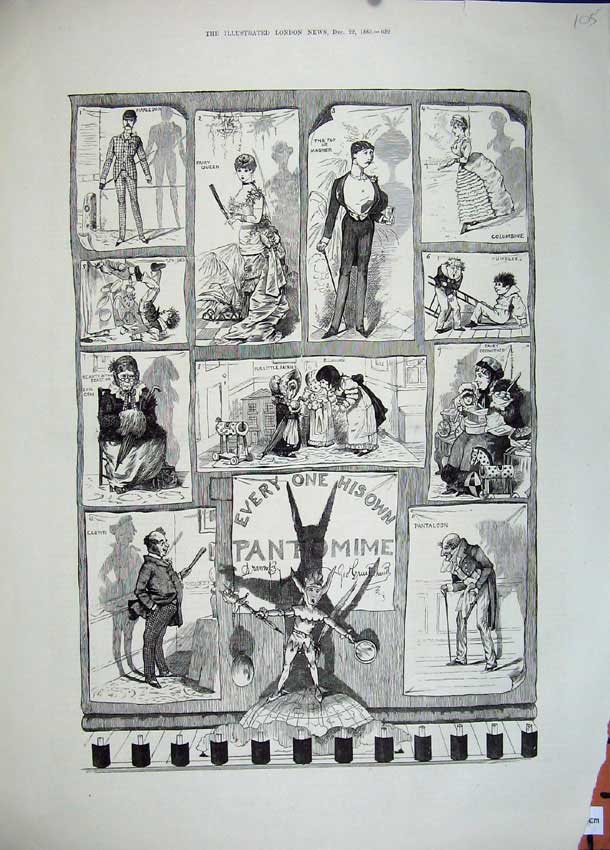 Old Antique Print Christmas Pantomimes 1883 Fairy Godmother Queen Clown 19th