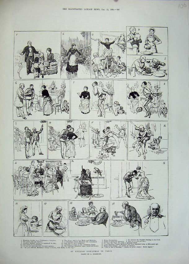Antique Old Print 1883 Christmas Paris France Dinner Children Decorations 19th