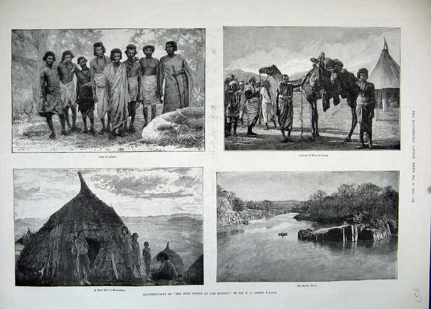 Old Antique Print 1883 Wild Tribes Soudan Aibaro Camel Camp Settite River 19th