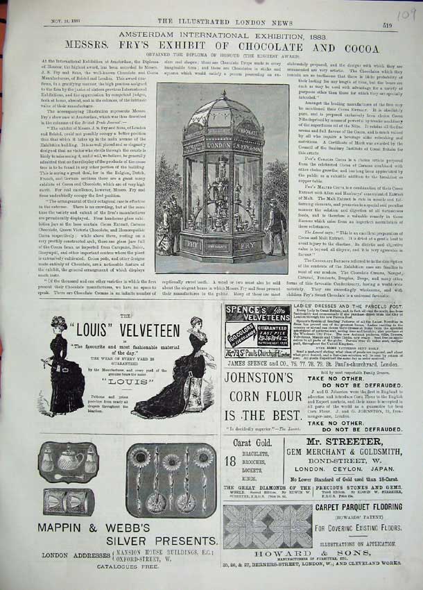 Old Antique Print 1883 Fry'S Exhibit Chocolate Cocoa Johnston Mappin Webb 19th