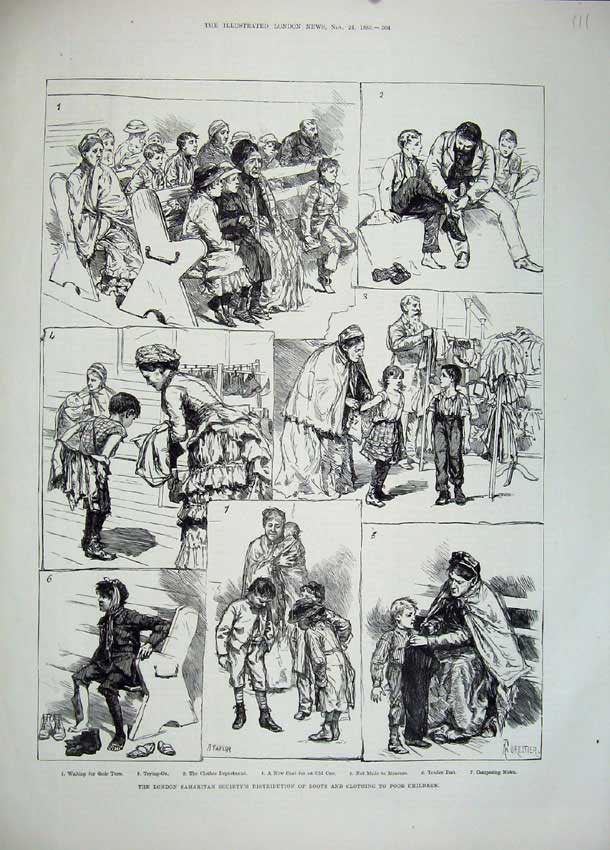 Original Old Antique Print 1883 London Samaritan Boots Clothing Poor Children