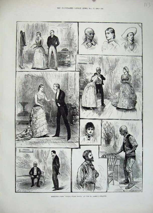 Old Antique Print 1883 Theatre Young Folks Ways St James Theatre Romance 19th