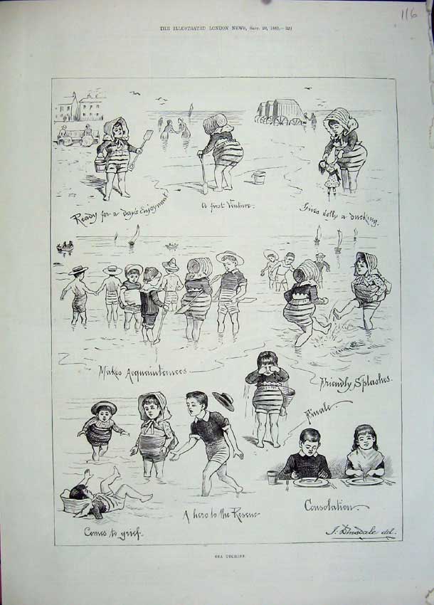 Original Old Antique Print 1883 Sea Urchins Children Sea-Side Beach Playing