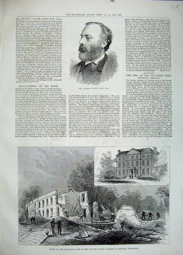 Old Antique Print 1883 Andrew Clarke Bart Fire Lunatic Asylum Middlesex 19th