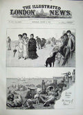 Original Old Antique Print 1883 Sea-Side Families Children Beach Dog Yachts