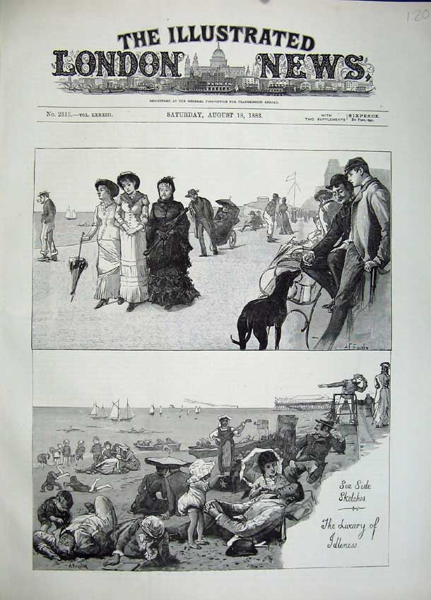 Original Old Antique Print 1883 Sea-Side Families Children Beach Dog Yachts