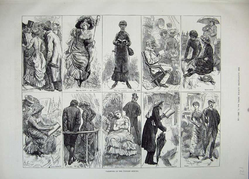 Original Old Antique Print 1883 Tourists Painting French Romance People 19th