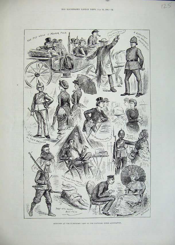 Old Antique Print 1883 Wimbledo Camp National Rifle Association Men Army 19th