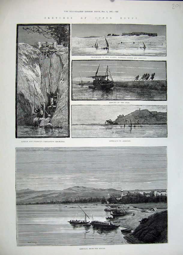 Old Antique Print 1883 Assouan Sakieh Shadouf Egypt River Nile Ships Art 19th