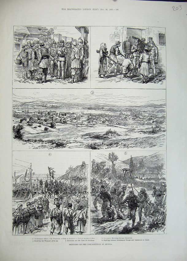 Old Antique Print 1883 Insurrection Servia Alexinatz Paratchin War Army 19th